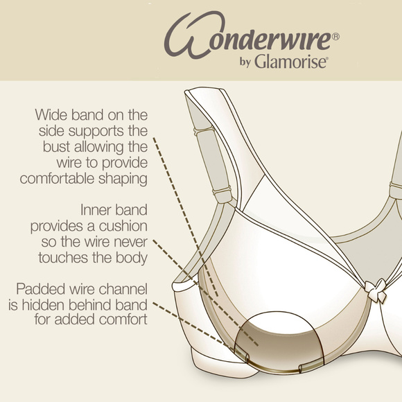 Glamorise 42D WONDERWIRE Bra Satin & Lace UNDERWIRE (FLEXI SIDE BONES) Ivory NEW - Picture 9 of 16